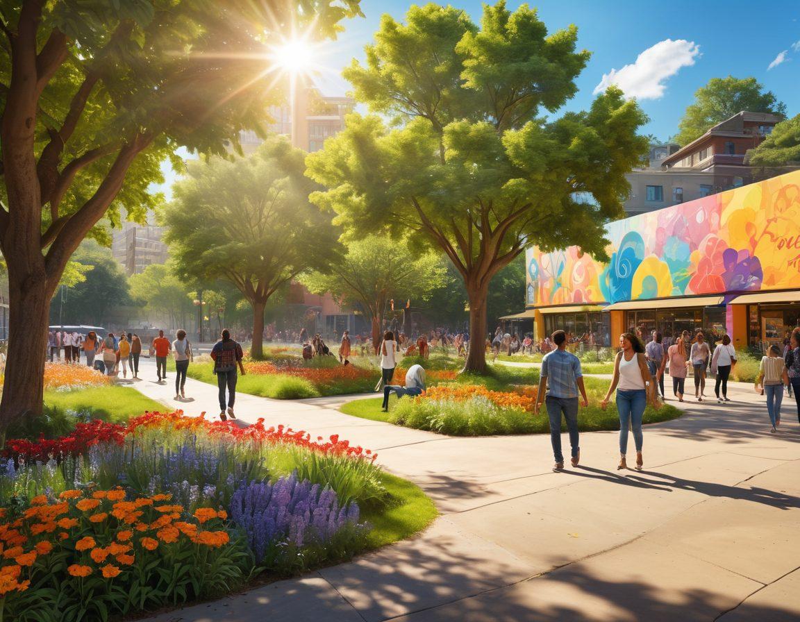 A vibrant urban scene featuring diverse people joyfully interacting, sharing laughter and connections in a lively city park. In the background, colorful murals depict scenes of happiness and community engagement. Warm sunlight bathes the cheerful gathering, enhancing the sense of joy. Incorporate elements of nature like blooming flowers and green trees to symbolize growth and connection. bright colors. super-realistic. lively atmosphere.