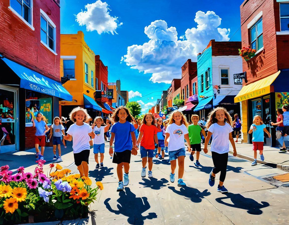 A bustling city street transformed into a lively, joyful scene with people giving thumbs up, vibrant flowers blooming from the sidewalks, colorful street art depicting smiles, and happy children playing. The sky is bright blue with fluffy white clouds and the sun shining above, radiating positivity. super-realistic. vibrant colors. cheerful atmosphere.