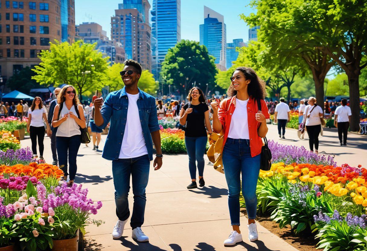 A vibrant urban scene depicting diverse people joyfully interacting in a sunlit city park, surrounded by tall buildings and blooming flowers. One person is giving a thumbs up, symbolizing positivity and community spirit. Include elements like colorful street art, food stalls, and laughter to capture the essence of city life. The atmosphere is lively and welcoming. super-realistic. vibrant colors. dynamic composition.